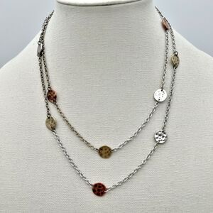 Premier Designs Copper Silver Gold Tone Hammered Coin Long Station Necklace 40”